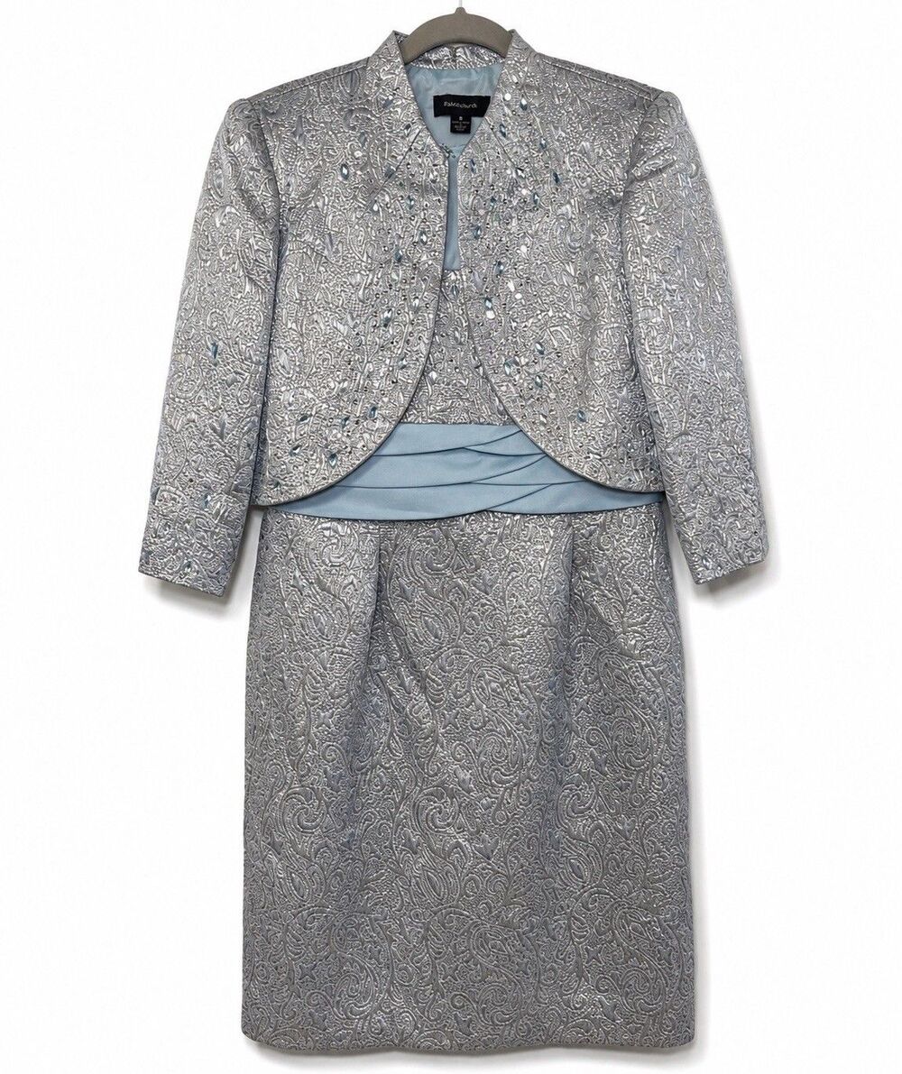R&M Richards Dress Jacket Set Women's 8 Silver Blue Paisley Jacquard Formal